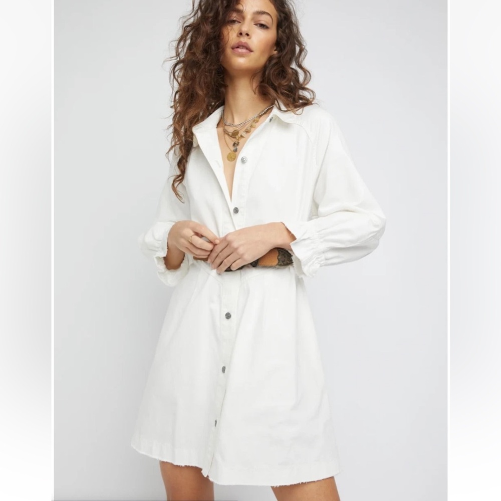 Free People Hannah White Denim Long Sleeve Mini Dress Size XS